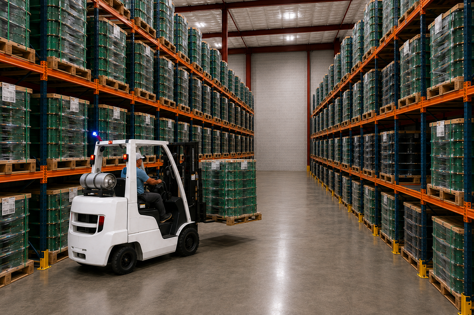 Industrial warehouse racking filled with pallets of green PET strapping coils